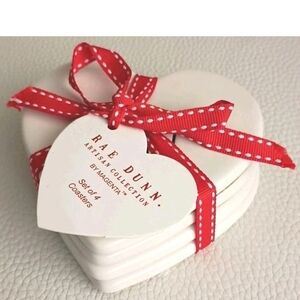 Rae Dunn Set Of 4 Ceramic Love Hearts Coaster with Red Ribbon